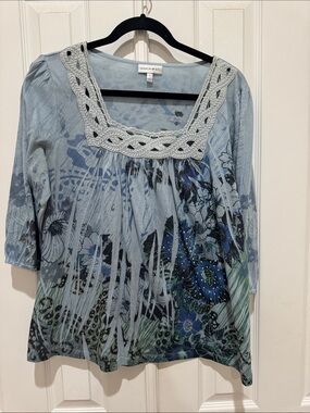 Fashion Bug Pale Blue Floral Crochet-Trim Top